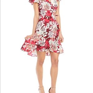 Ellen Tracy Wrap Dress - Cap sleeve Ruffle Morning Bouquet Cherry